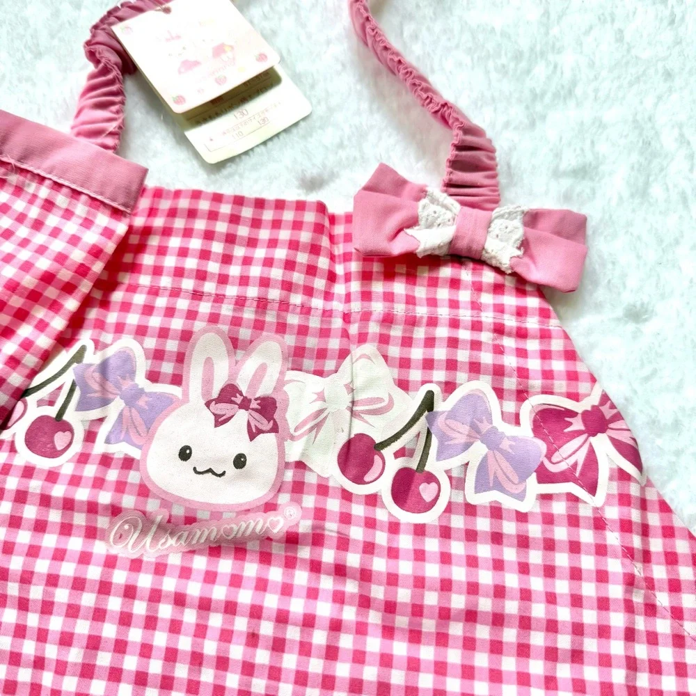RARE New Mother Garden Usamomo Apron head scarf  130cm pink gingham lace bow